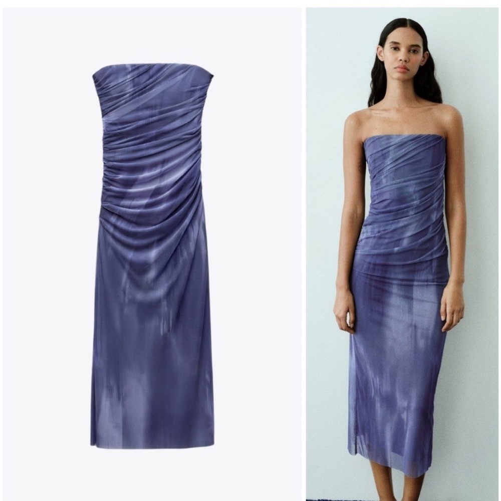 New Zara Strapless Tie Dye Tulle Fitted Midi Blue Purple Dress Large 8324/453